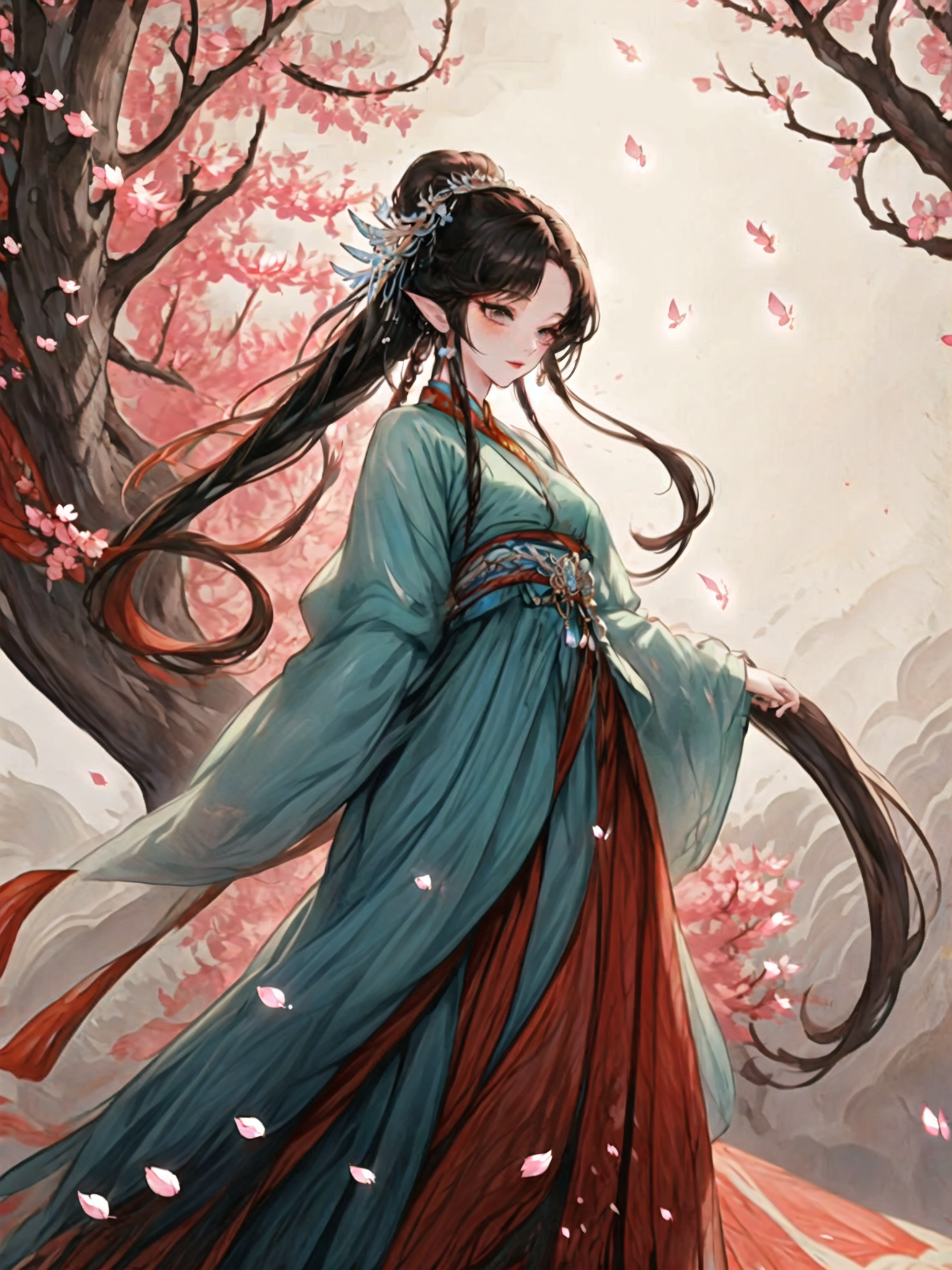 00161-3851805488-_lora_guochaorenwuV1.0_0.8_,guchen,1girl,braided ponytail,bangs,brown hair,butterfly,chinese clothes,falling petals,standing,sas.png